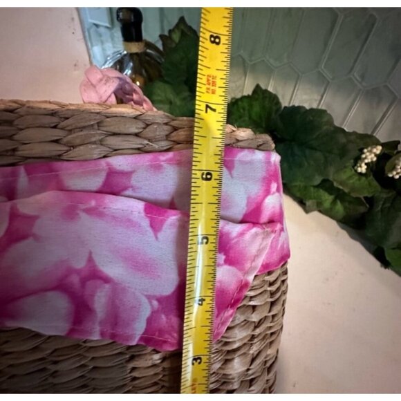 Woven Straw Handbag With Pink Floral Fabric & Braided Handles - Picture 6 of 9